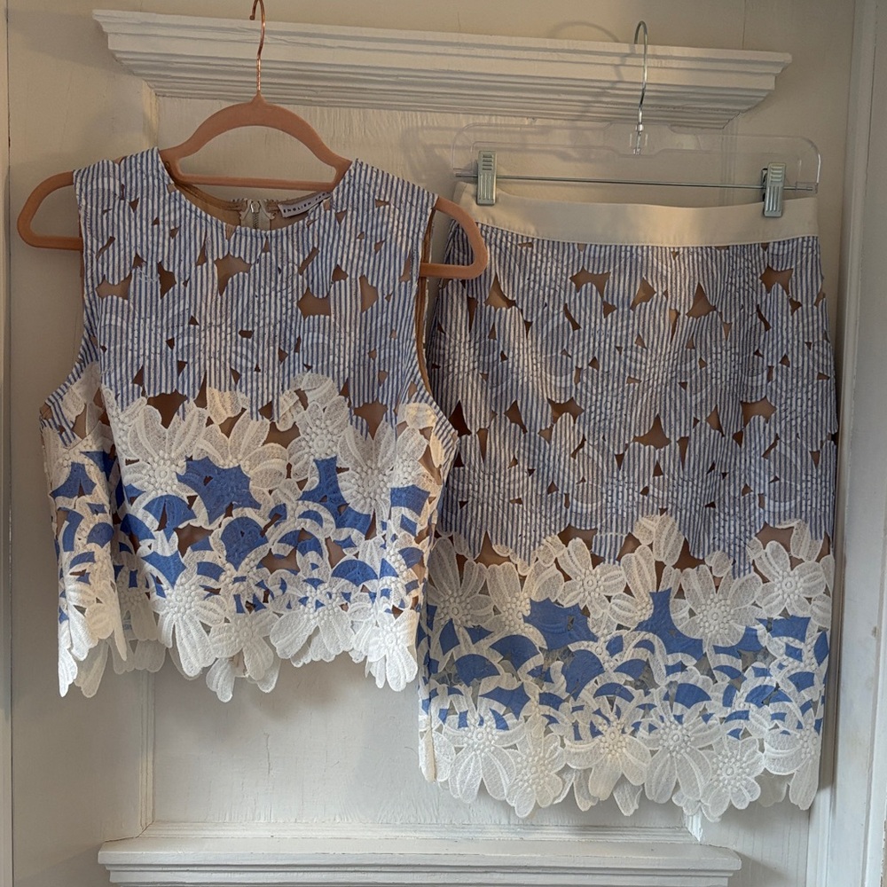 English Factory Blue and White Lace Two-Piece Skirt Set